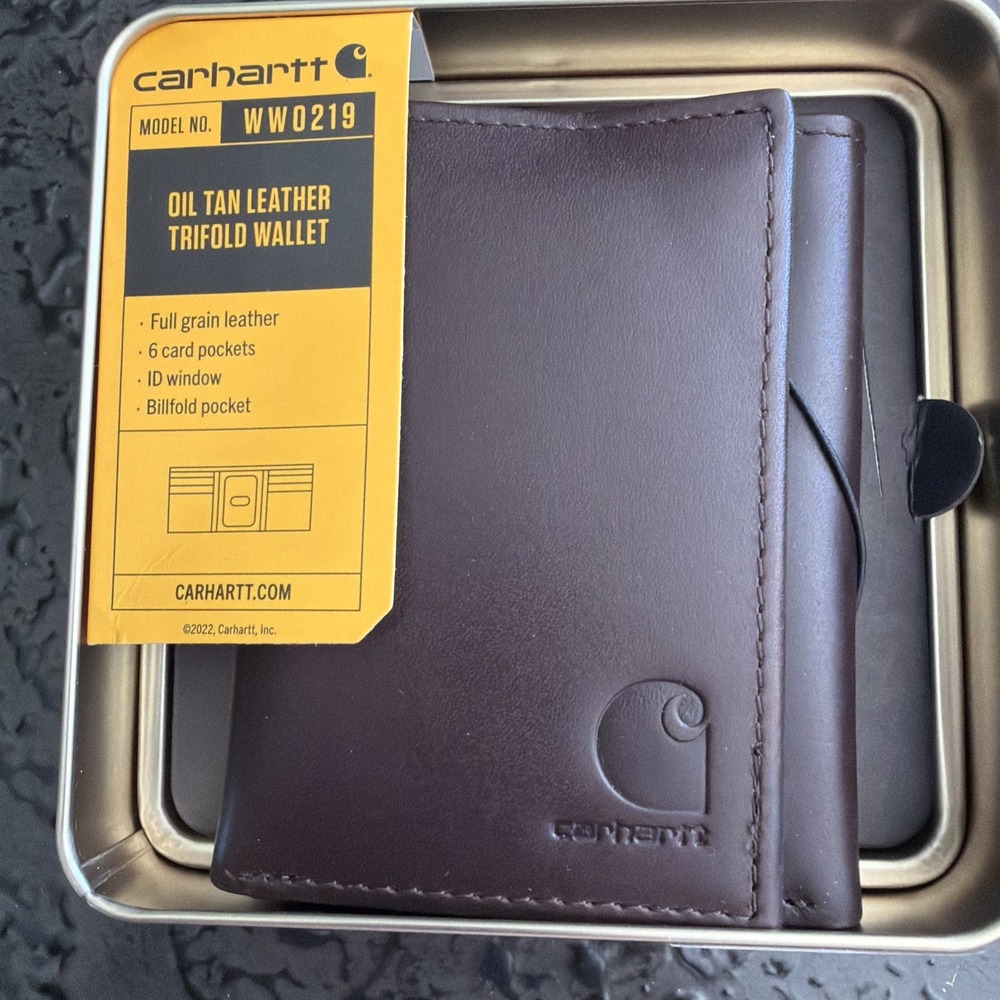 Carhartt Men's Oil Tan Leather Trifold Wallet Brown with Gift Box NEW